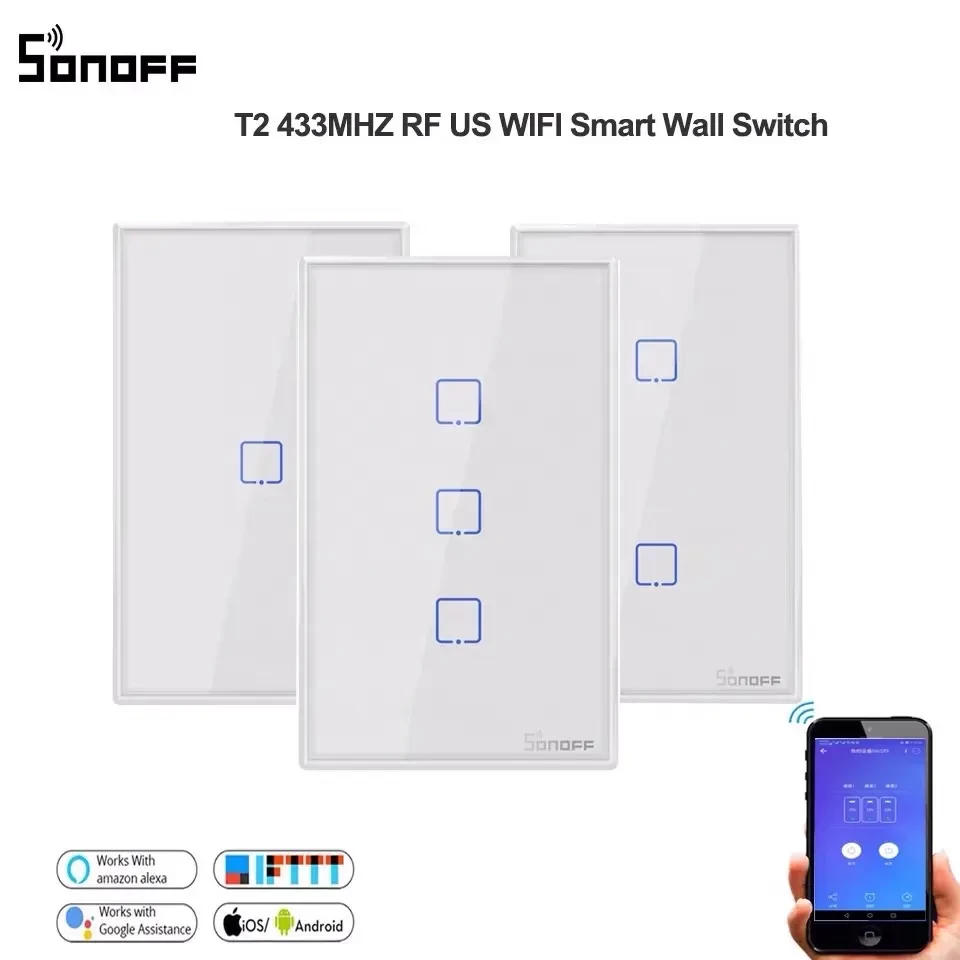 Sonoff T2 US RF WiFi Switch Touch Control Wall Light Switch E7WIN Gang 120 Type Panel Wall Touch Light Switch 433Mhz Smart Home