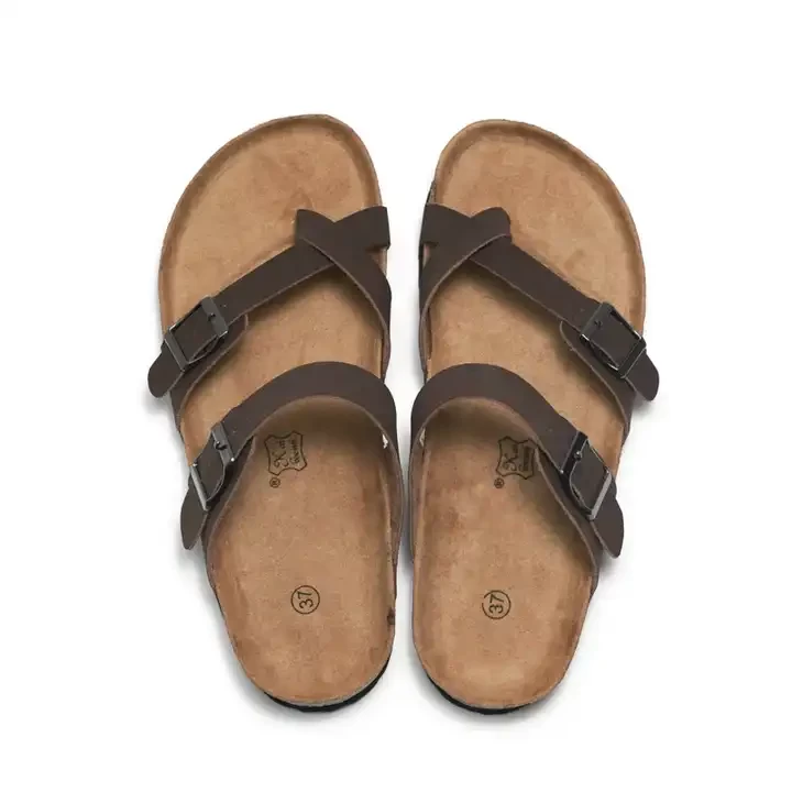 Double Row Button Metal Buckle Orthotic Flat Casual Cork Sole Sandals Slippers