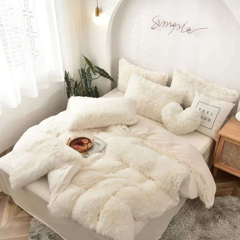 3pcs Winter Comforter Bed Sheet Bed Cover Shaggy Fur Quilt Duvet Cover Fluffy Bedding Set