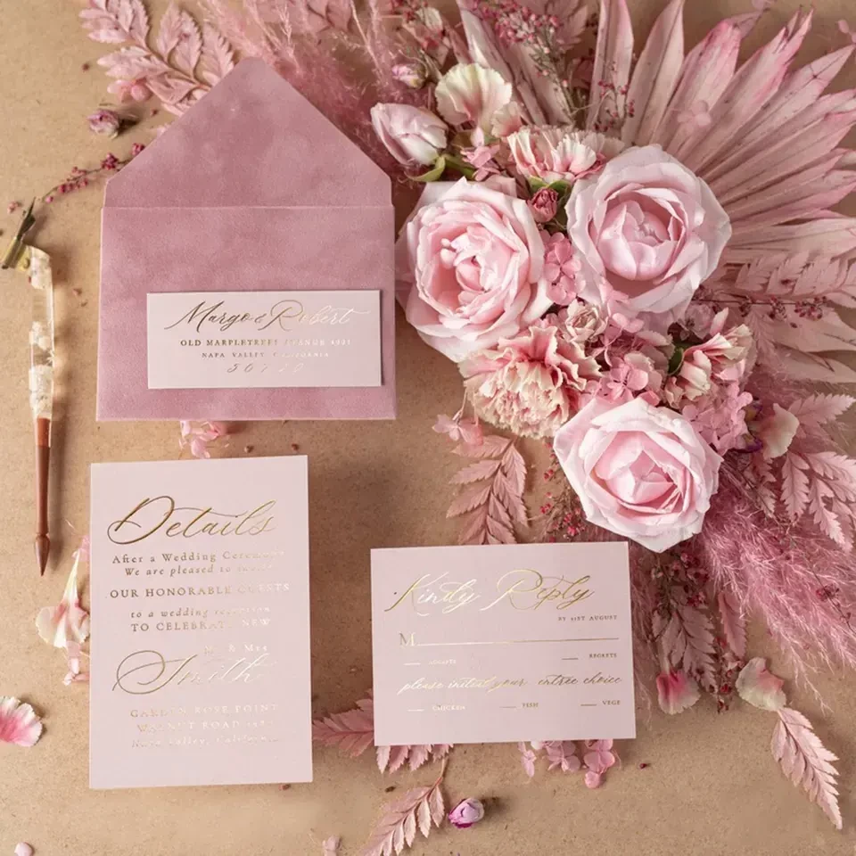 Best Sale Pink Velvet Envelope Wedding invitation With Vellum Floral Acrylic Design Wedding Invitation Cards