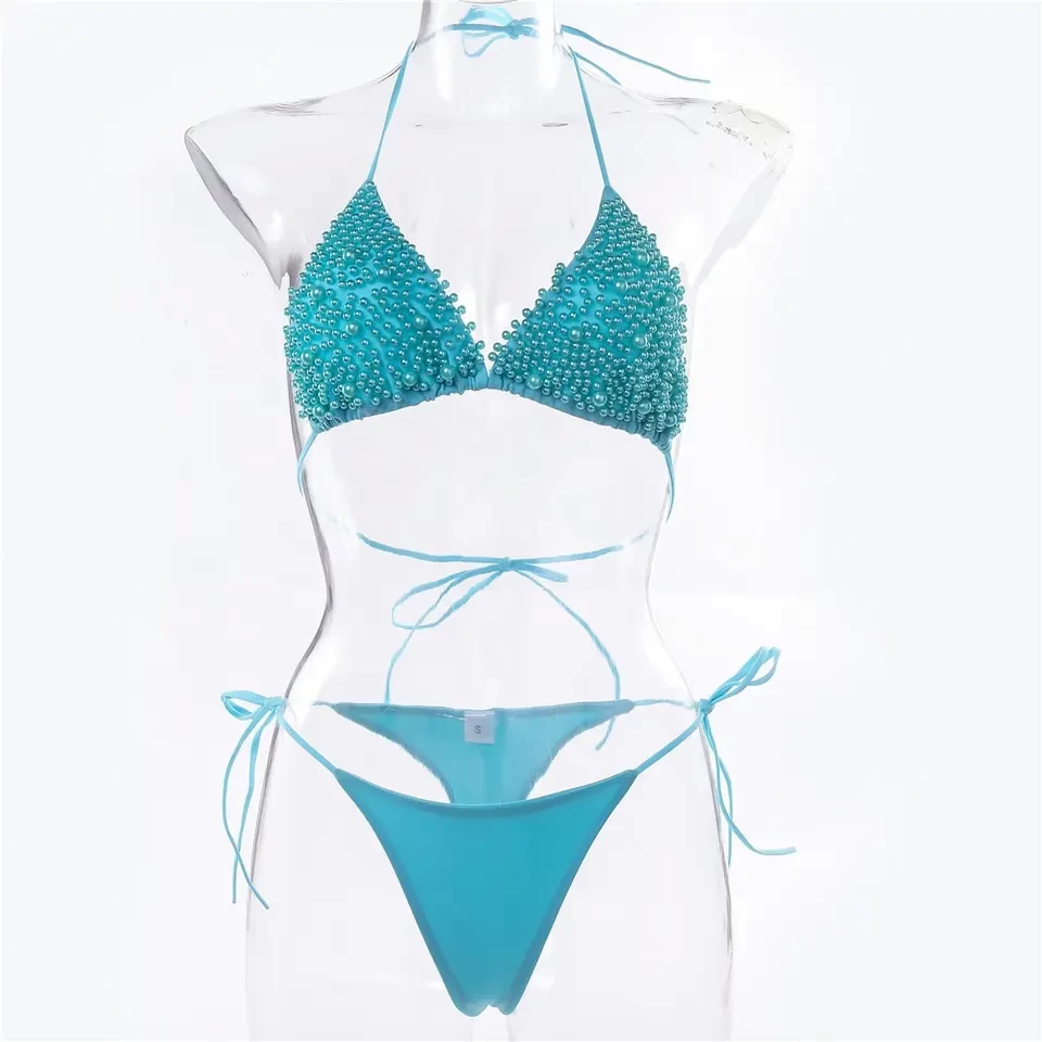 New 2023 wholesale Brazilian Triangle Bikini Diamond Pearl Bikini Sexy Micro Mini Bikini Thong Split Biquini Swimsuit