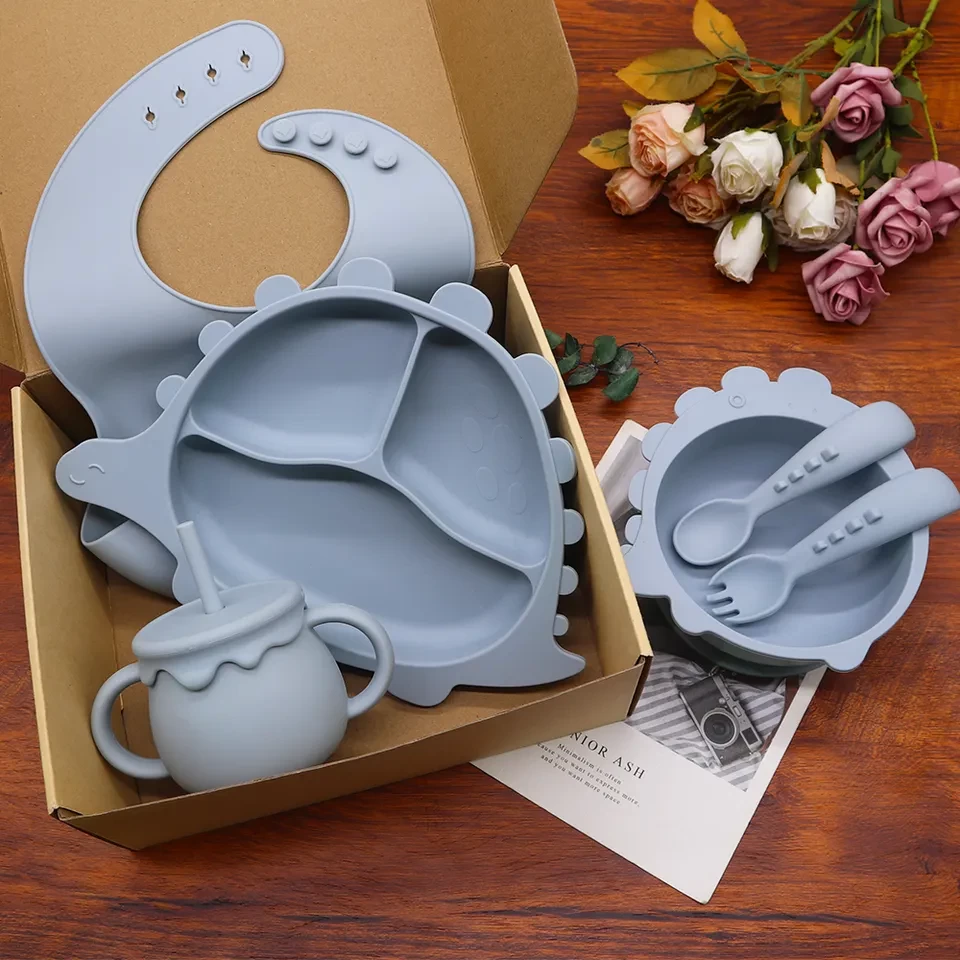 Factory OEM Dinosaur Cartoon Animal Suction Plate Bowl Silicone Children Feeding Set Baby Tableware Sets