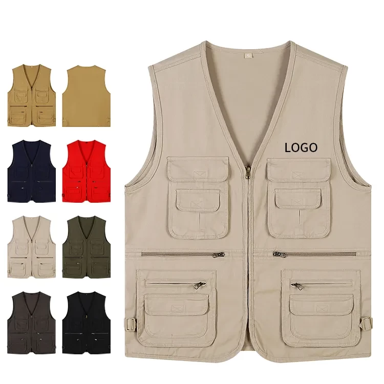 Men's Multi Pockets 100% Cotton Cargoes Fisherman Vest Waistcoat For climbing fishing Hiking Journalist Photography Camping Vest