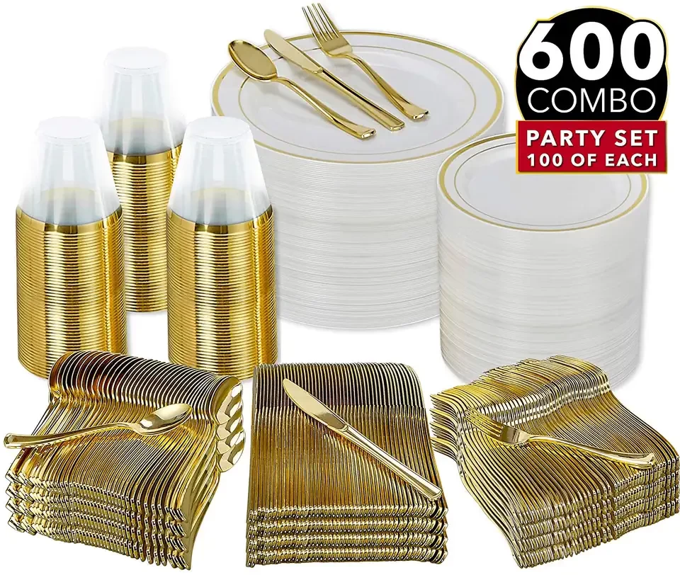600 Piece Gold Rim Dinnerware Set -100 Dinner Plastic Plates - 100 9oz cup- 100 Gold Plastic Silverware set for 100 guests