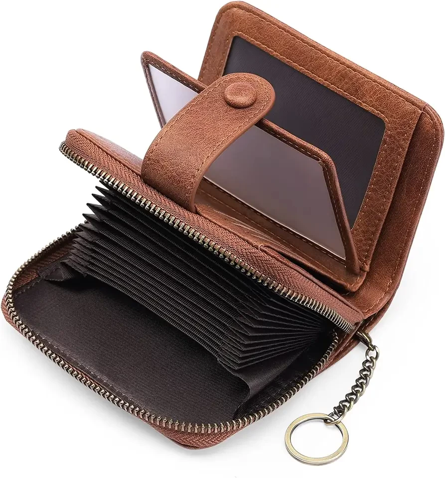 Custom Men Women Coin Pocket Small Brown Faux Leather Wallet RFID Blocking Bifold Zipper Card Case Organizer Wallets & Holders