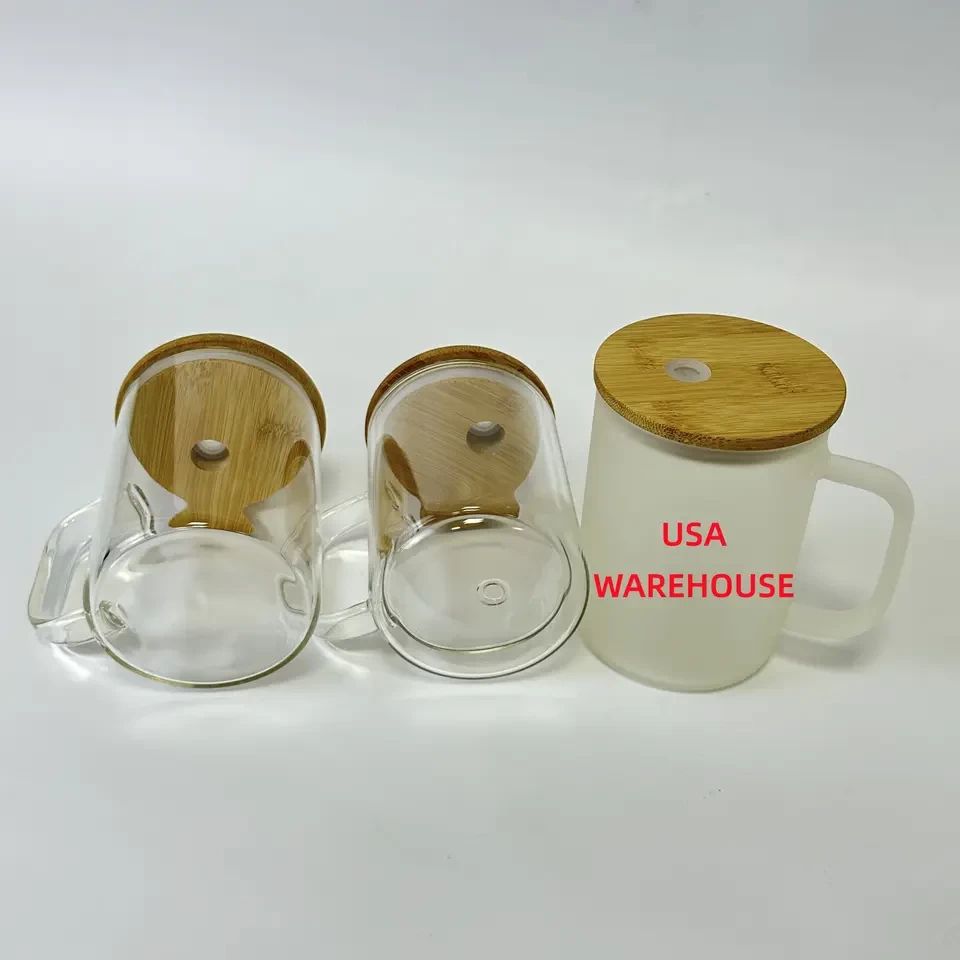 USA warehouse 15oz pre drill snow globe mug clear frosted beer Can sublimation double walled glass can mug with handle