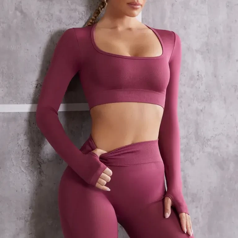 Lcool custom active wear gym fitness sets seamless high waist 2 pieces set longsleeves workout sets for women with logo