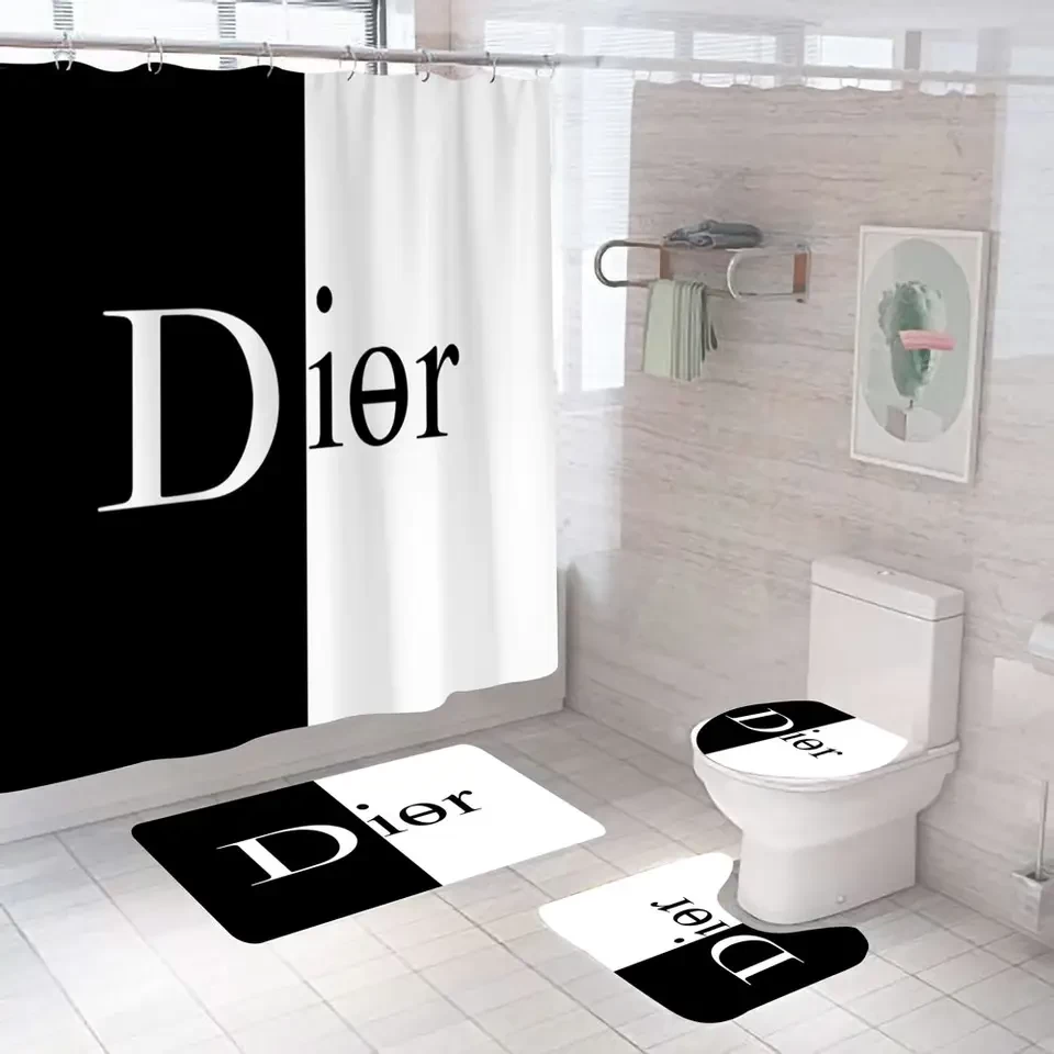 Customizable Luxury Fashion Brand Unisex Designers Logo Shower Curtain Bathroom 4pcs Mat Set
