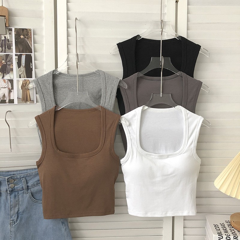 New Korean version wide-shoulder vest women's solid color square collar comfortable versatile chest pad all-in-one leggings can be worn outside