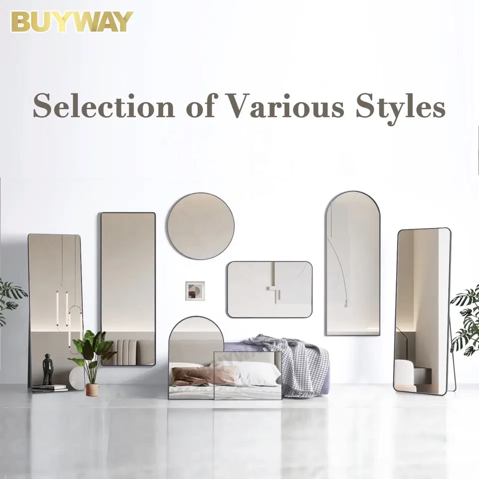 Bedroom Full Length Floor Mirror Hanging or Leaning Against Wall, Aluminum Alloy Framed Full Body Dressing Mirror with Stand