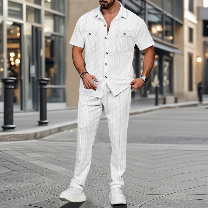 New 2025  Summer European and American Men's Solid Color Cardigan Pocket Shirt Short Sleeve Long Pants Set