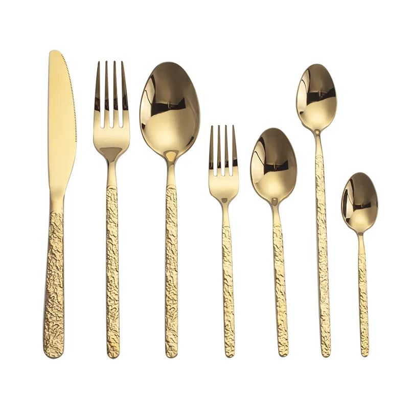 Home Kitchen Knife Fork Spoon Silverware Flatware Set Stainless Steel Gold Hammered Cutlery Set